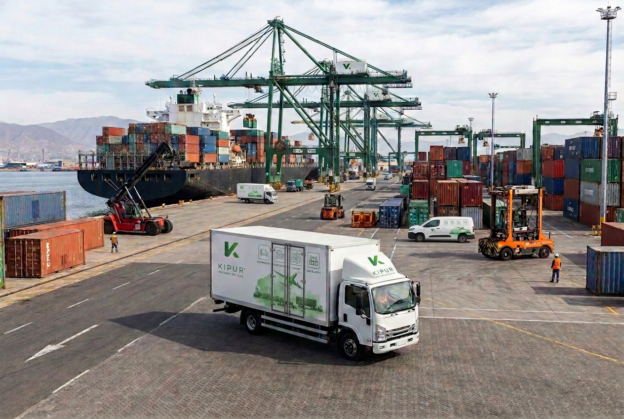 Puerto de carga con buque, contenedores y transporte terrestre